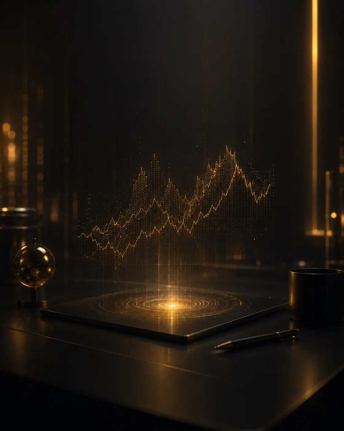 Un bureau sombre où une courbe dorée s'élève en hologramme au-dessus d'un carnet, près d'un globe de verre et d'un stylo.